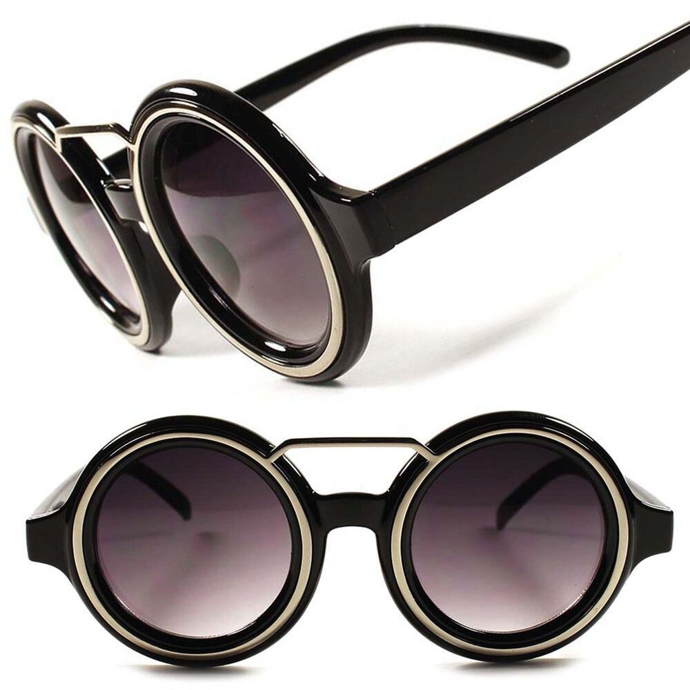Mens Womens Retro Hippie Aesthetic Black Round Sunglasses With Silver Accent